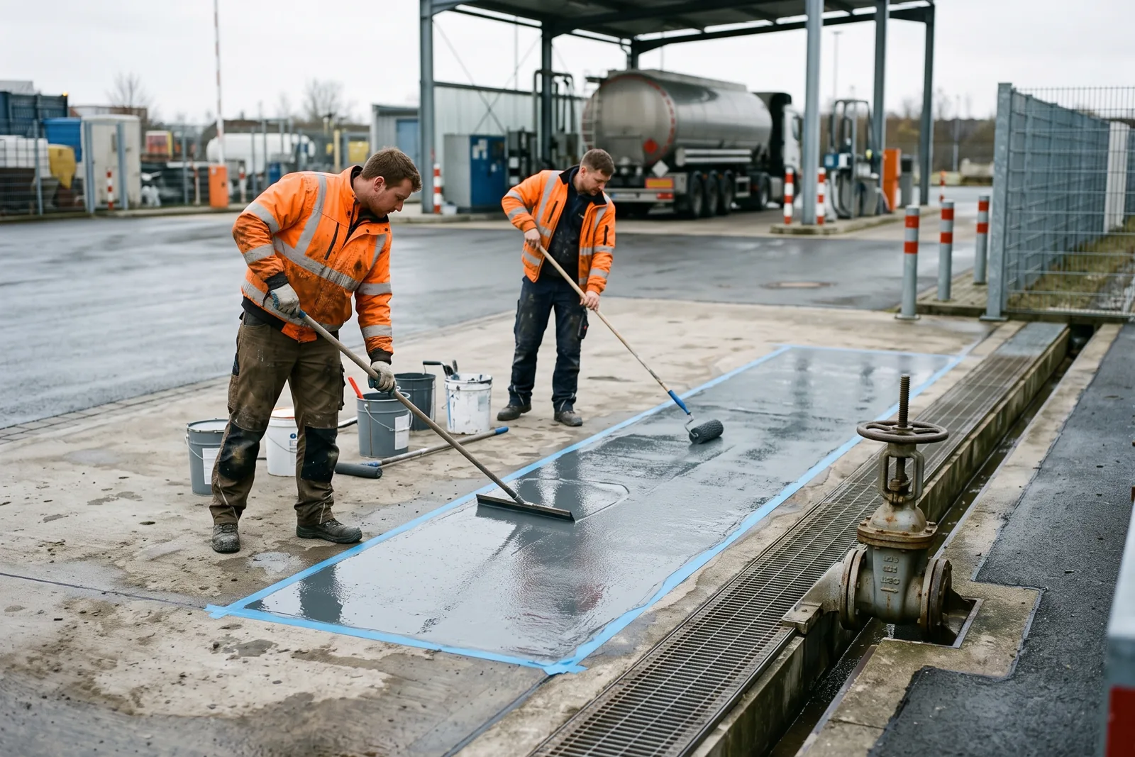 Zwei Handwerker beschichten eine Abfüllfläche im Freien, daneben eine Rinne mit Absperrschieber