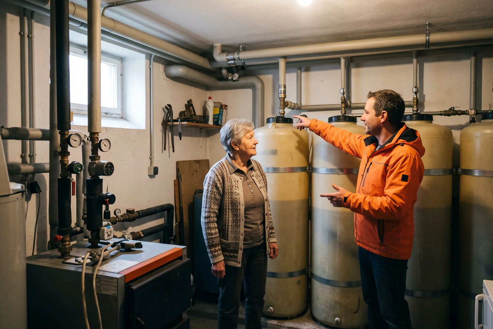 Hausbesitzerin und Monteur an den Batterietanks im Heizraum
