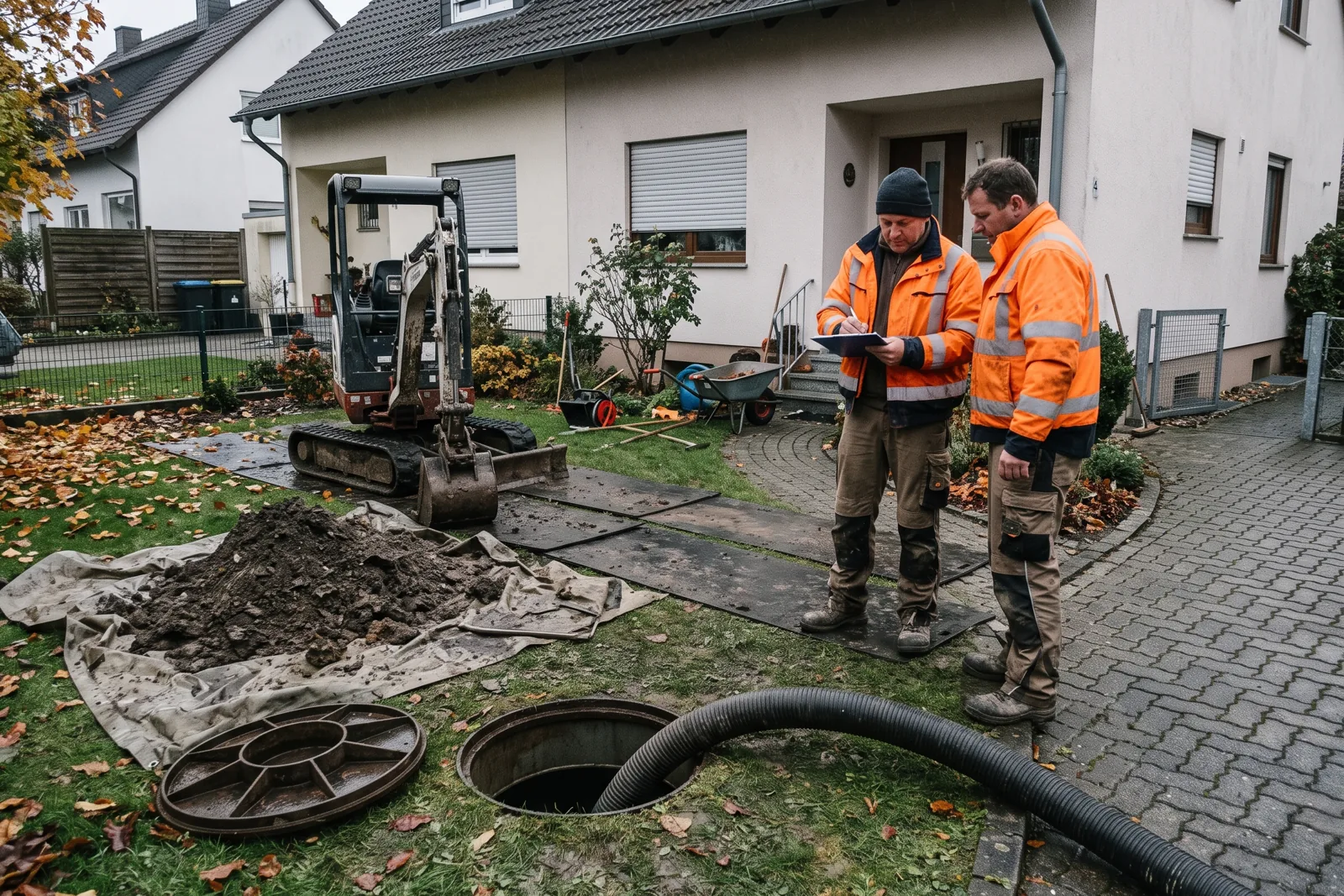 Geöffneter Domschacht eines Erdtanks im Vorgarten, daneben ein kleiner Bagger und zwei Handwerker