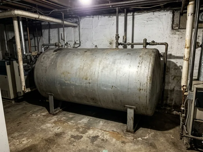 Beispielfoto: liegender Stahltank im Keller, ganz auf einem Bild