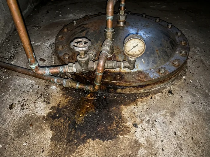 Beispielfoto: Domdeckel mit Leitungen, Ventil und Anzeige, Ölflecken auf dem Boden