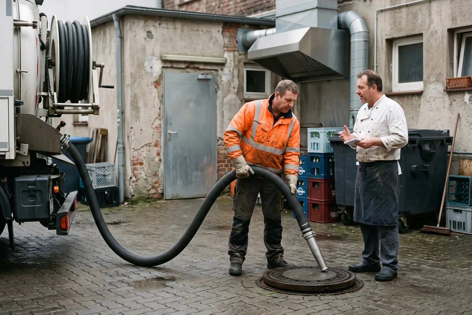 Geöffneter Abscheiderschacht im Hinterhof